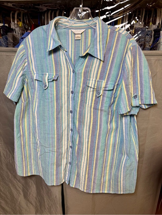 CJ Banks Tops - Women’s Short-Sleeve Striped Button-Down Shirt - Blue/Green, 100% Cotton, 2X